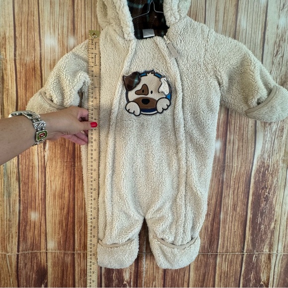 QT Baby Faux Fur Puffer One Piece Footie Full Zipper Hooded Bear Ears Beige 12m - Picture 6 of 12